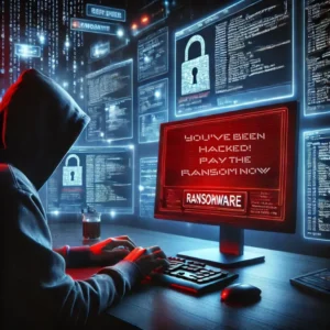 Hacker at computer with ransomware message on it