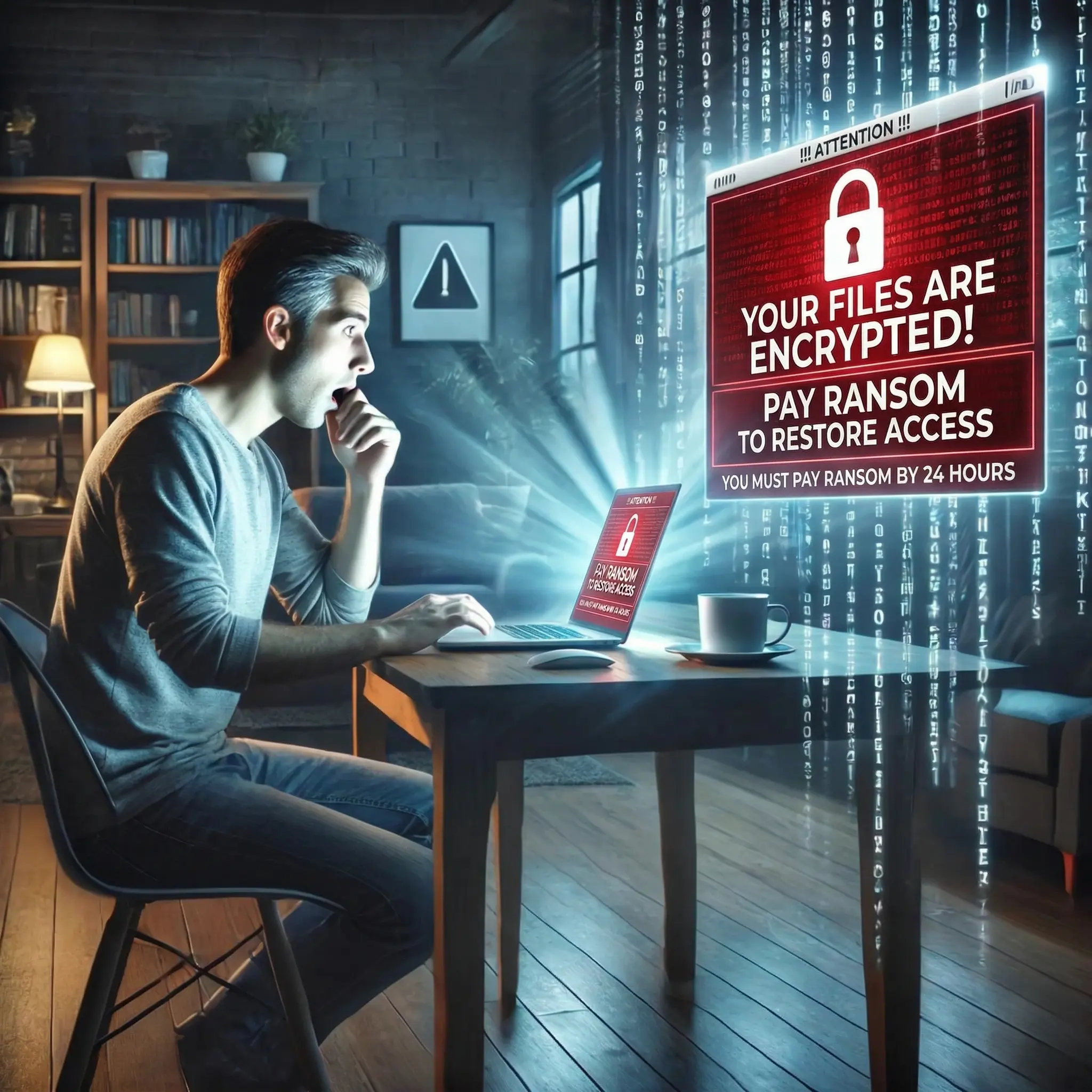 Man reading ransomware encryption message off his screen