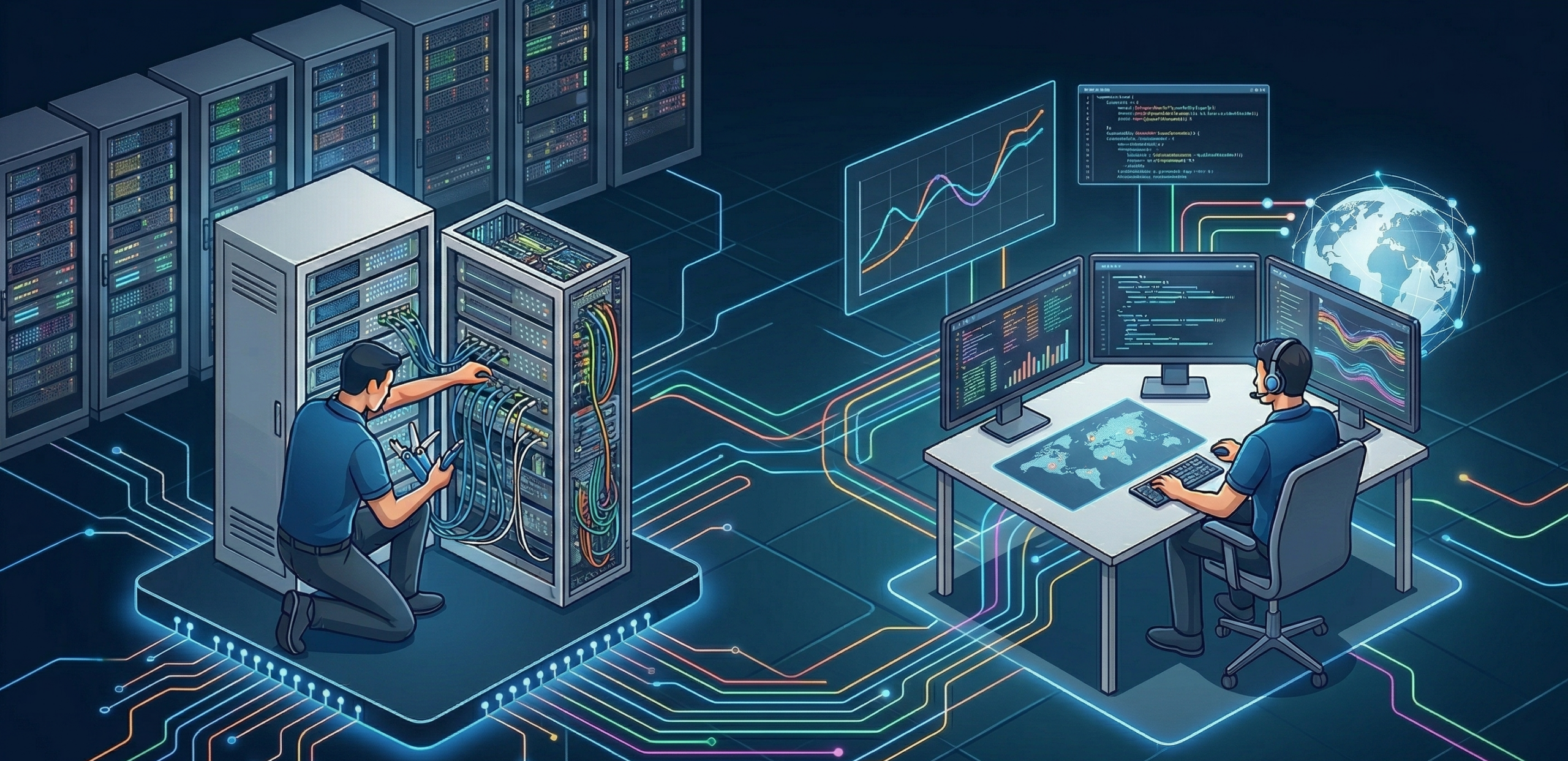 Man reviewing servers and man sitting a desk working remote