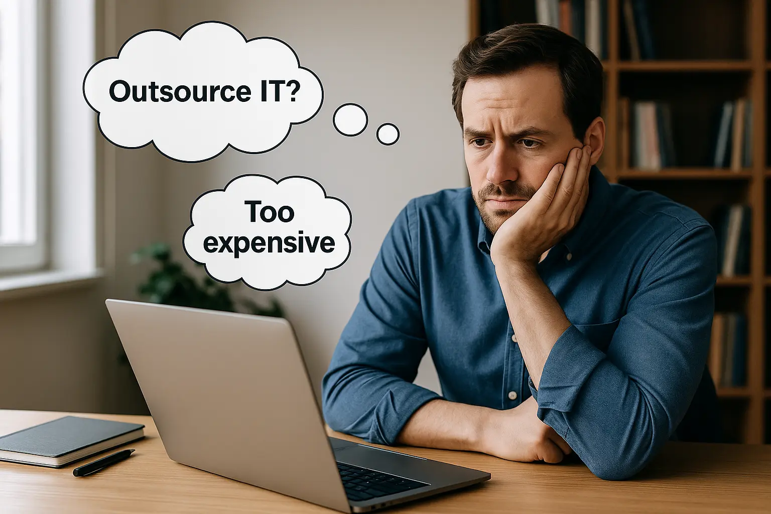 Image of a business owner staring at his laptop contemplating if he should be outsourcing IT