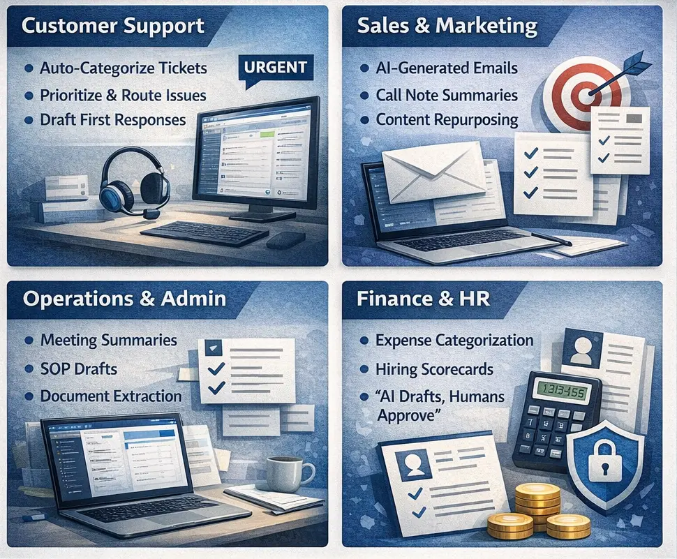 Infographic showing where different departments can gain quick wins with AI