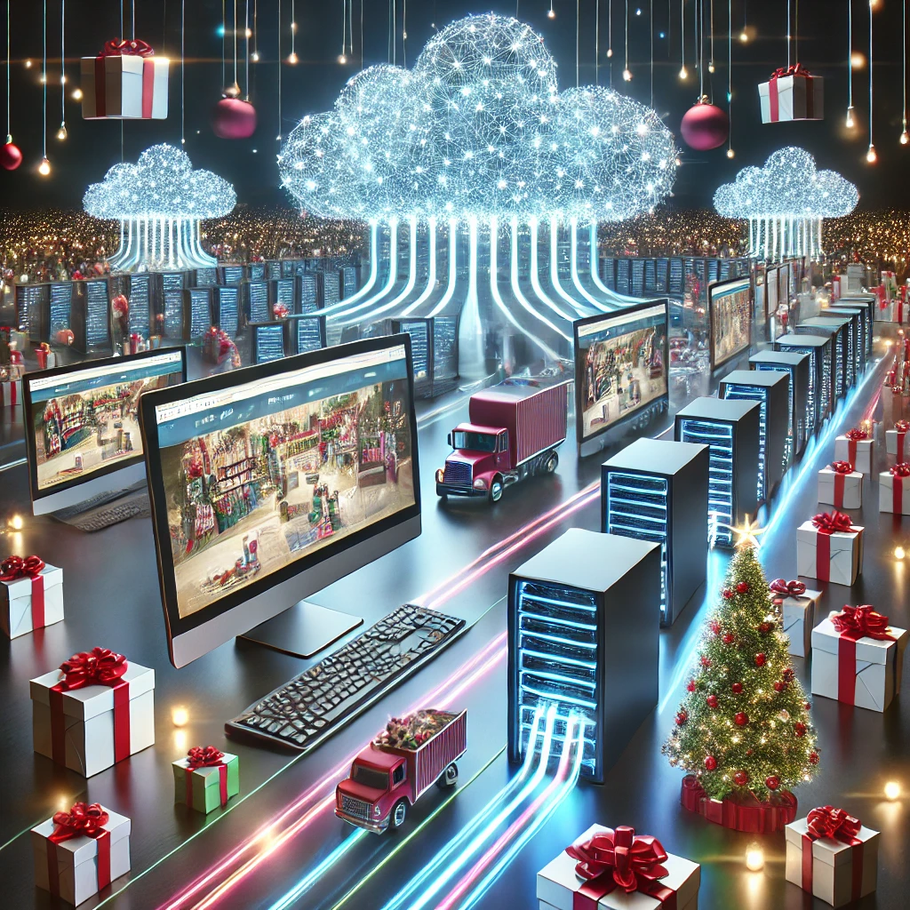 Depicition of an online business gearing up for the holiday season with trucks and servers running through the warehouse
