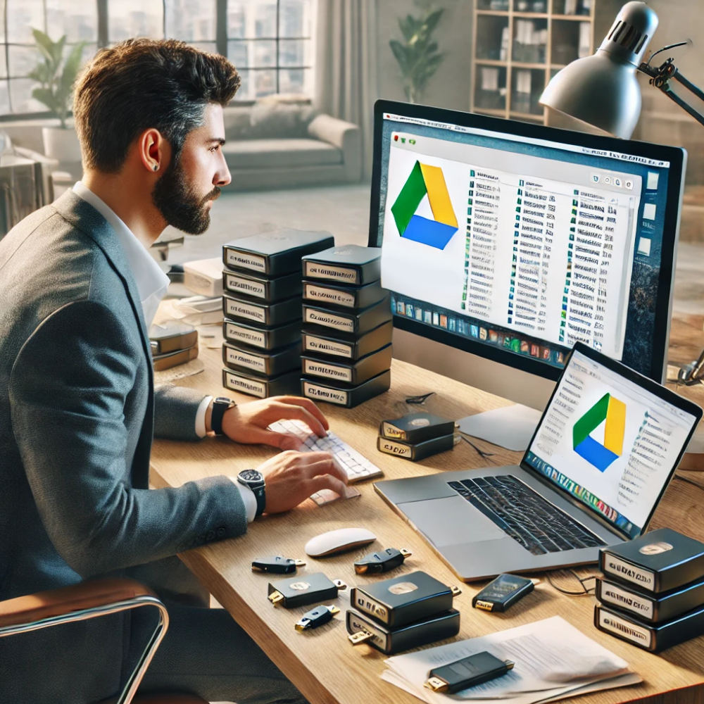 A man looking at his desk looking Google drive on his laptop and desktop